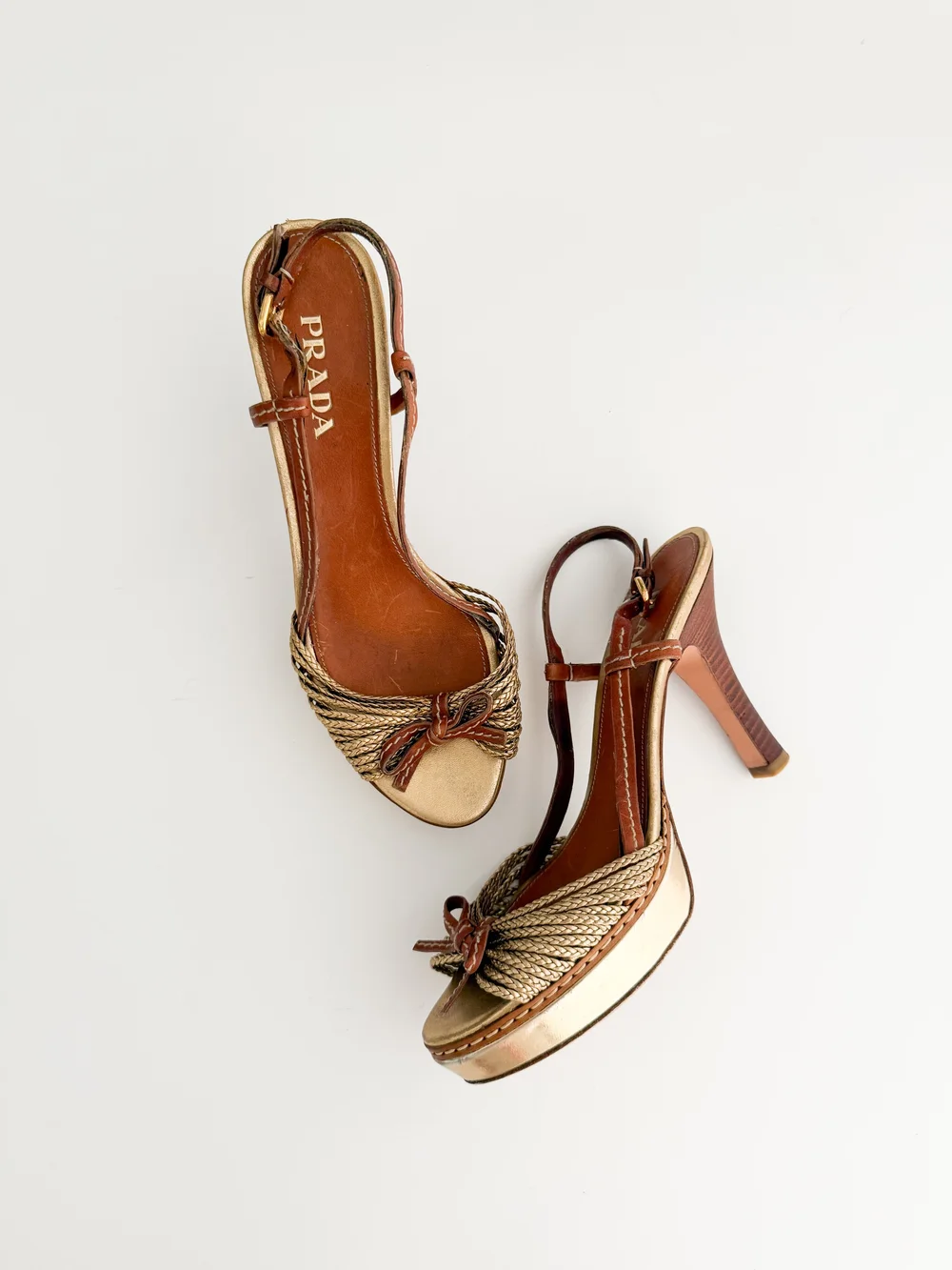 Prada Vintage Metallic Woven Leather Bow Platform Sandal Heels (US